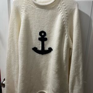 Never worn, white, alpaca wool, cowl neck sweater with navy blue anchor